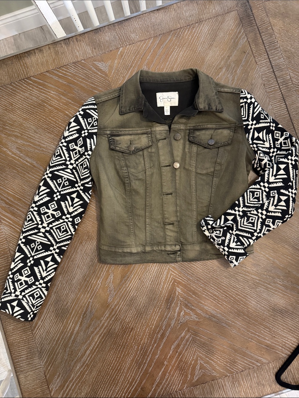 Jessica Simpson Olive Green Denim Jacket with Metal Buttons